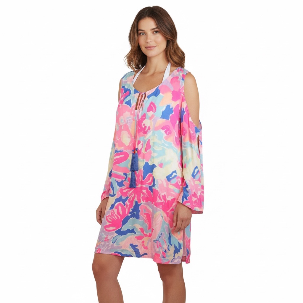 Lily Pulitzer Small Womens Tunic Dress Benicia Playa Hermosa Cold Shoulder Pink